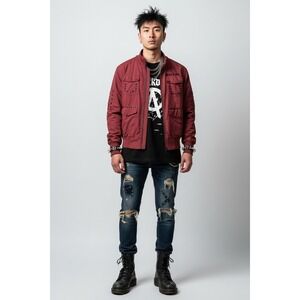 Blac Label Mens Studded Punk Attitude Bomber Jacket Burgundy Red Large Cotton